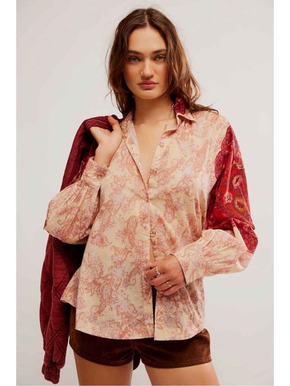 Free People Western Bohemian Dainty Rose Bud Button Down Blouse Shirt Small